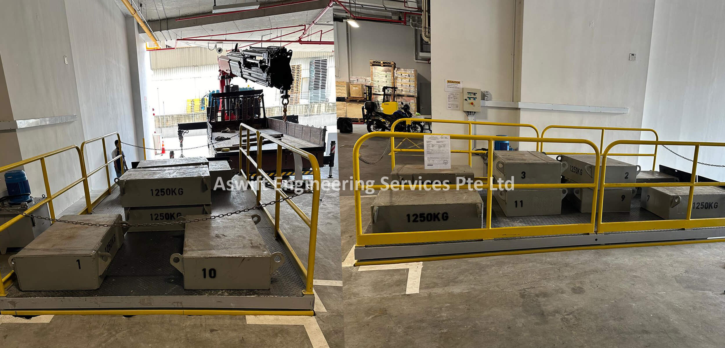 aswift-load-testing-with-industrial-scissor-lifts lifting platform load testing with industrial weights